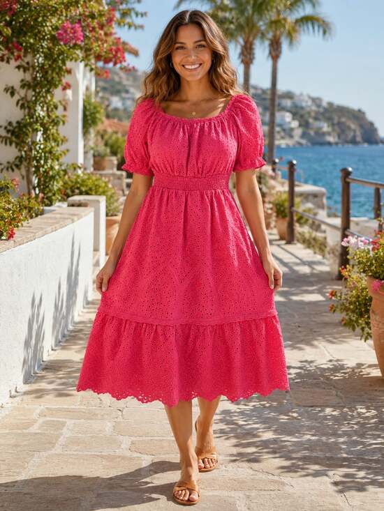 Betsey Johnson Dresses & Skirts - Betsey Johnson Paradise Pink Eyelet Off Shoulder Midi Dress Large Cottagecore